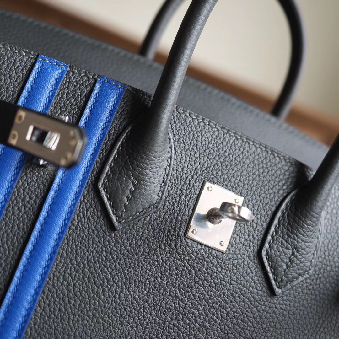 爱马仕官网 Birkin 25CM 6O柏树绿 拼I7琉璃蓝 Togo 双杆 银扣