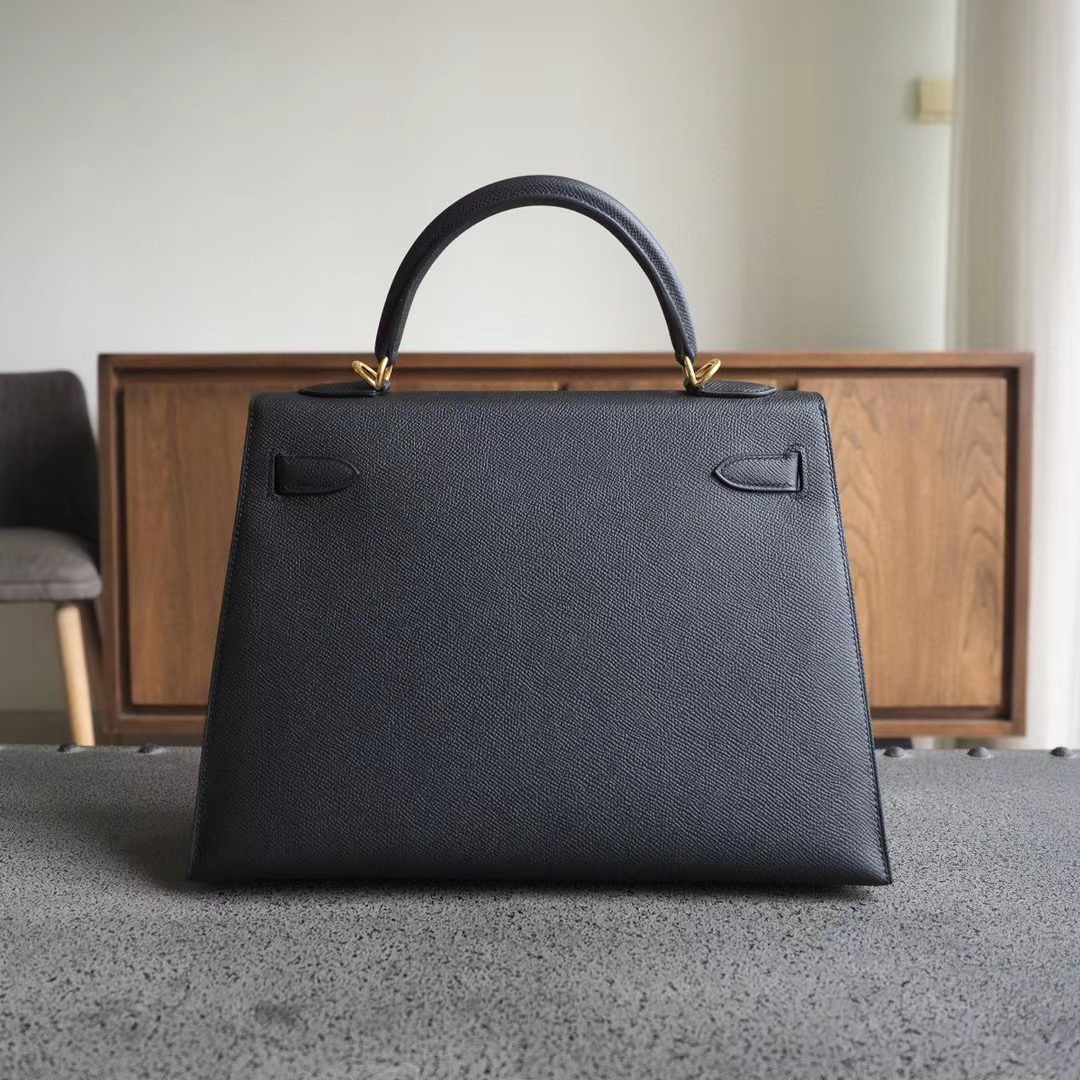 爱马仕官网 凯莉包 Kelly 35CM 89黑色 Epsom 金扣