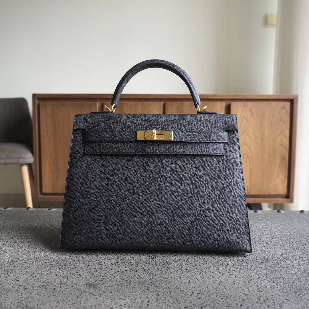 爱马仕官网 凯莉包 Kelly 35CM 89黑色 Epsom 金扣