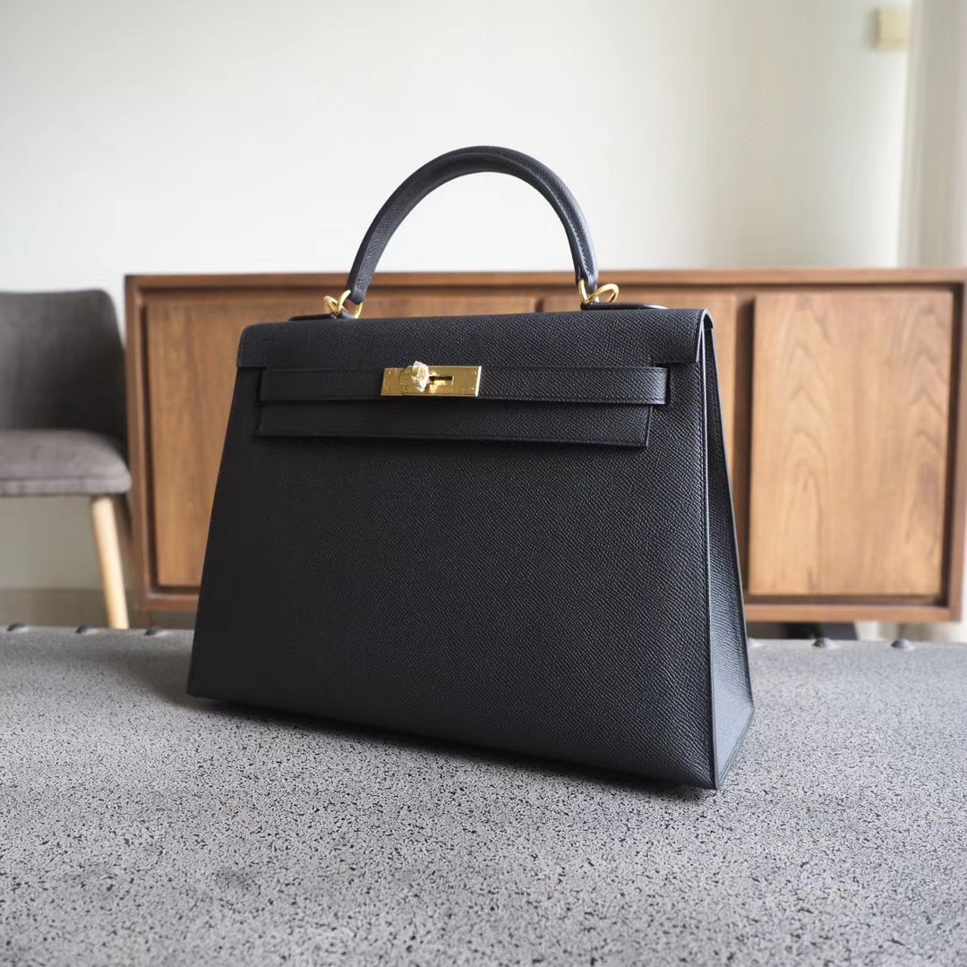 爱马仕官网 凯莉包 Kelly 35CM 89黑色 Epsom 金扣