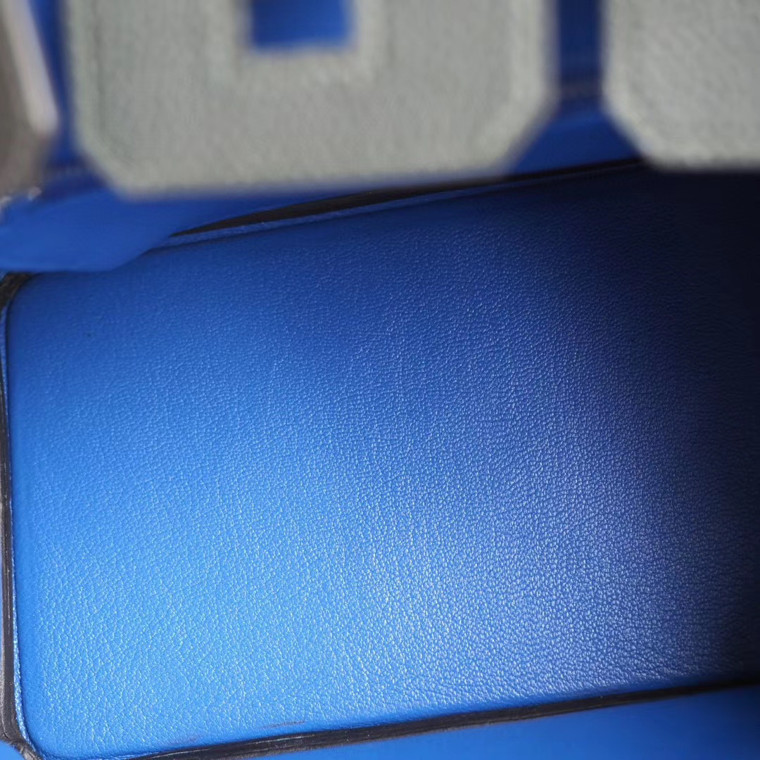 爱马仕官网 Birkin 25CM 6O柏树绿 拼I7琉璃蓝 Togo 双杆 银扣