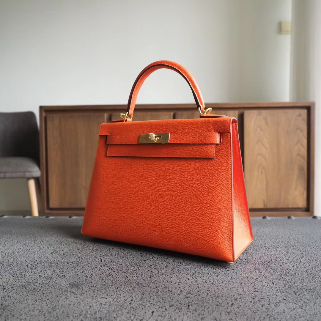 爱马仕官网 凯莉包 Kelly 28CM 8V罂粟橘 Epsom 金扣