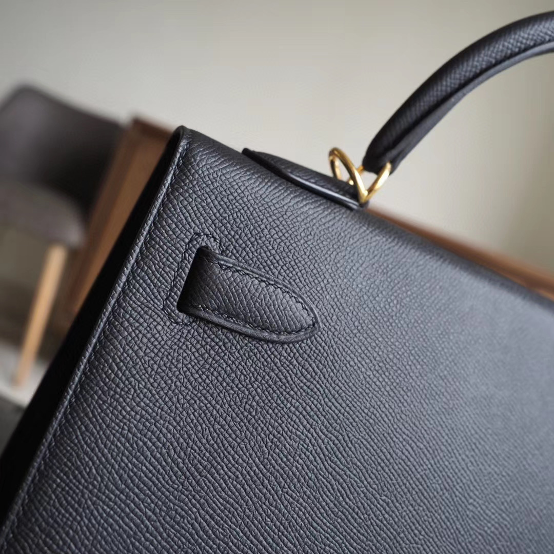 爱马仕官网 凯莉包 Kelly 35CM 89黑色 Epsom 金扣