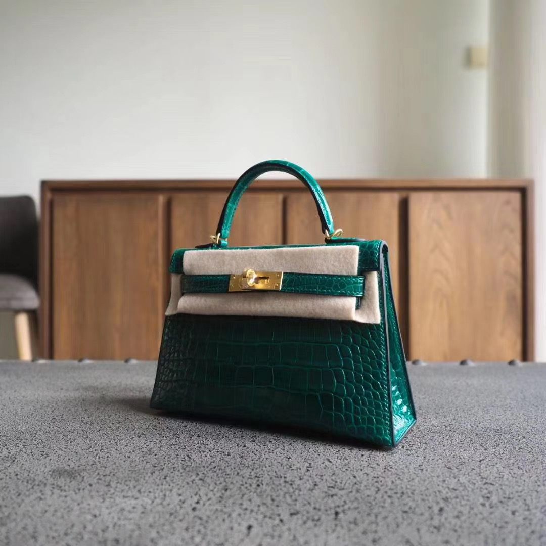 爱马仕 Hermes Mini Kelly 二代 6Q翡翠绿 亮面方块鳄鱼 金扣