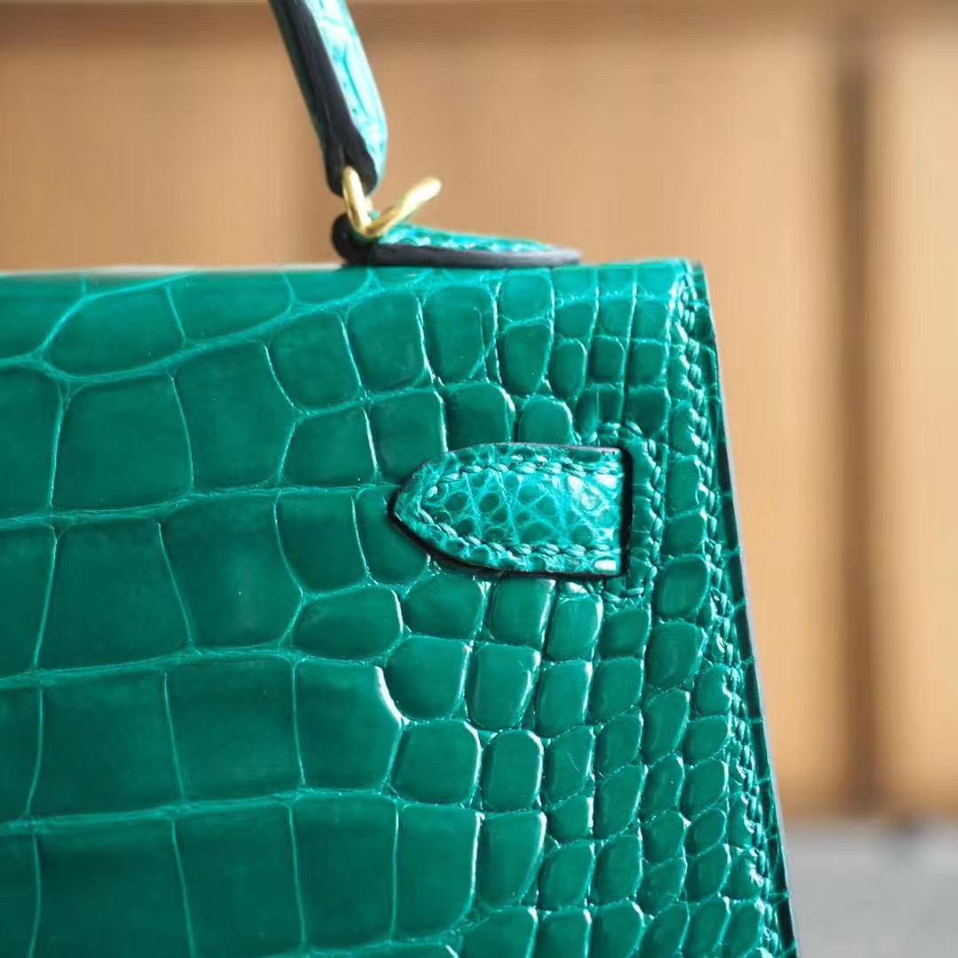 爱马仕 Hermes Mini Kelly 二代 6Q翡翠绿 亮面方块鳄鱼 金扣