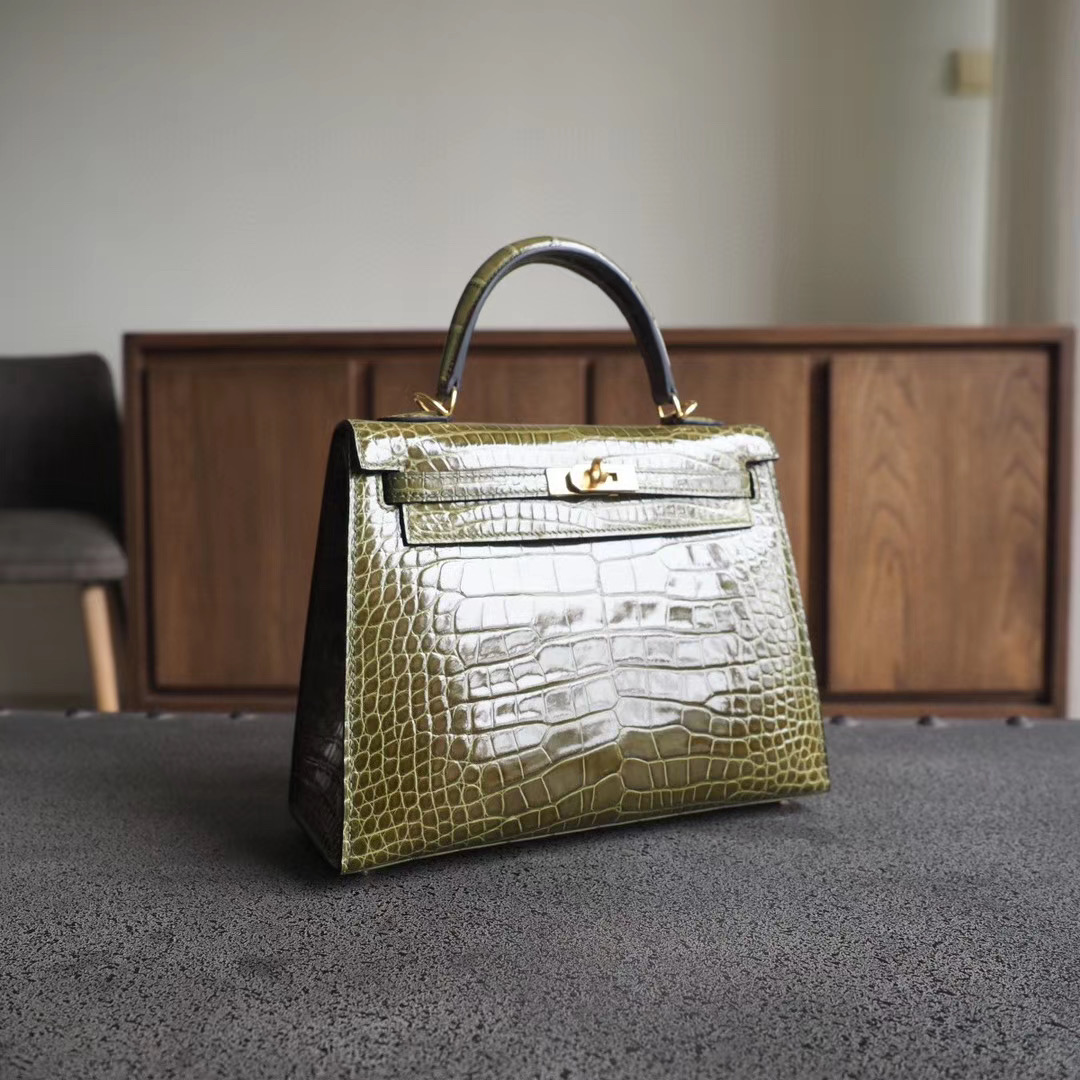 爱马仕官网 凯莉包 Kelly 25CM 6H橄榄绿 亮面方块鳄鱼 金扣