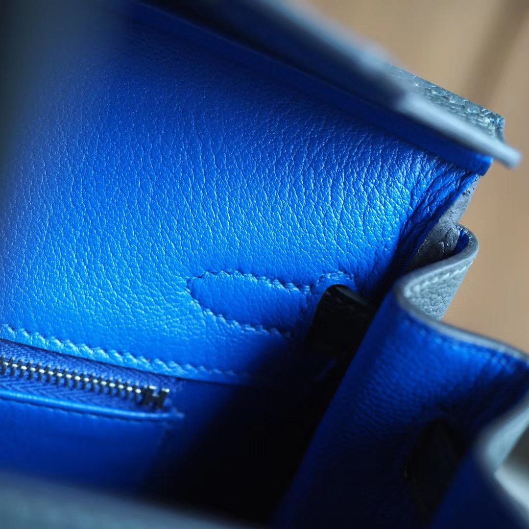 爱马仕官网 Birkin 25CM 6O柏树绿 拼I7琉璃蓝 Togo 双杆 银扣