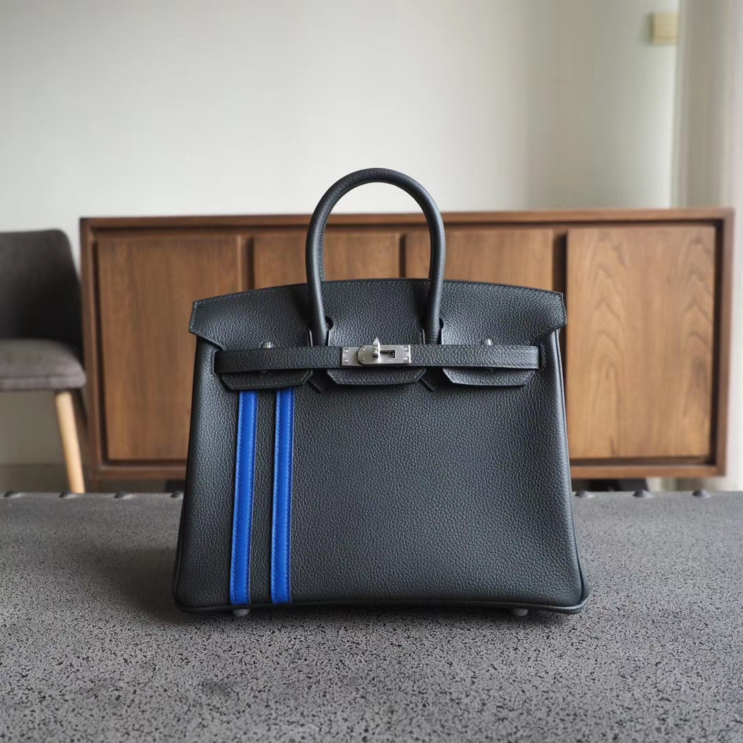 爱马仕官网 Birkin 25CM 6O柏树绿 拼I7琉璃蓝 Togo 双杆 银扣
