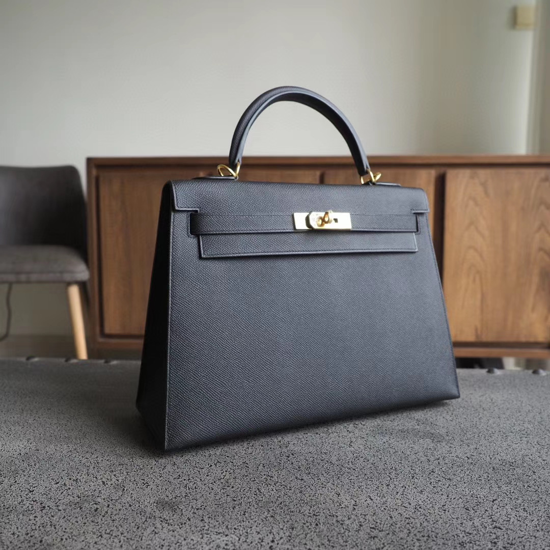 爱马仕官网 凯莉包 Kelly 35CM 89黑色 Epsom 金扣
