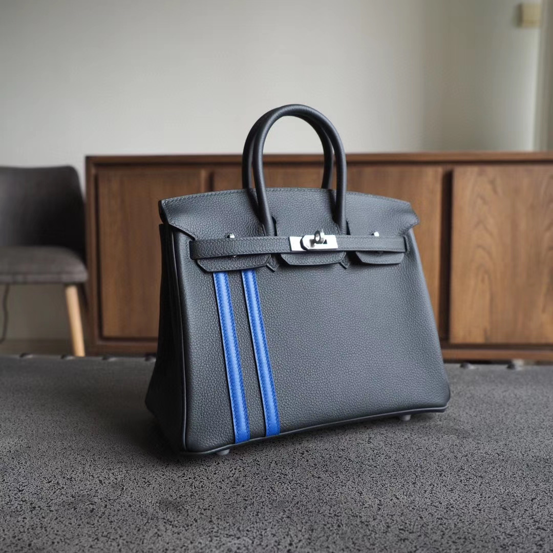 爱马仕官网 Birkin 25CM 6O柏树绿 拼I7琉璃蓝 Togo 双杆 银扣